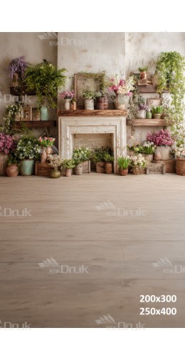 Tło fotograficzne „Rustykalny kominek z wiosennymi kwiatami” | E624